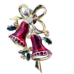 Festive Holiday Gold and Red Bell Brooch